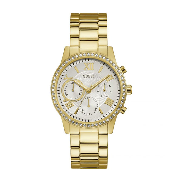  Shop Authentic Guess Solar Chronograph Diamonds White Dial Gold Steel Strap Watch for Women - W1069L2 - Luxxuri