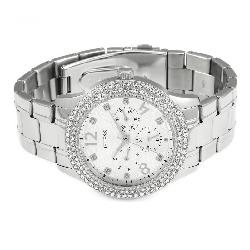  Shop Authentic Guess Bedazzle Diamonds Silver Dial Silver Steel Strap Watch For Women - W1097L1 - Luxxuri
