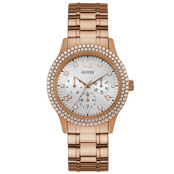  Shop Authentic Guess Bedazzle Diamonds Silver Dial Rose Gold Steel Strap Watch For Women - W1097L3 - Luxxuri