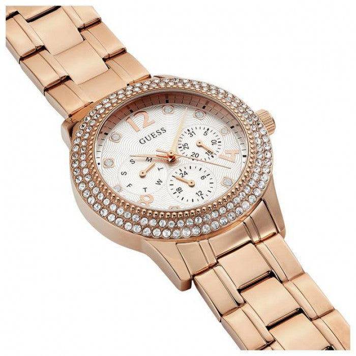  Shop Authentic Guess Bedazzle Diamonds Silver Dial Rose Gold Steel Strap Watch For Women - W1097L3 - Luxxuri