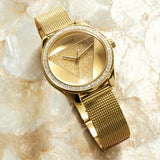  Shop Authentic Guess Tri Glitz Quartz Diamonds Gold Dial Gold Mesh Bracelet Watch For Women - W1142L2 - Luxxuri