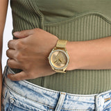  Shop Authentic Guess Tri Glitz Quartz Diamonds Gold Dial Gold Mesh Bracelet Watch For Women - W1142L2 - Luxxuri