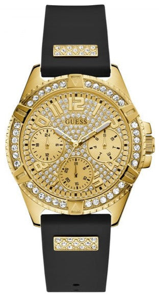  Shop Authentic Guess Frontier Diamonds Gold Dial Black Rubber Strap Watch For Women - W1160L1 - Luxxuri