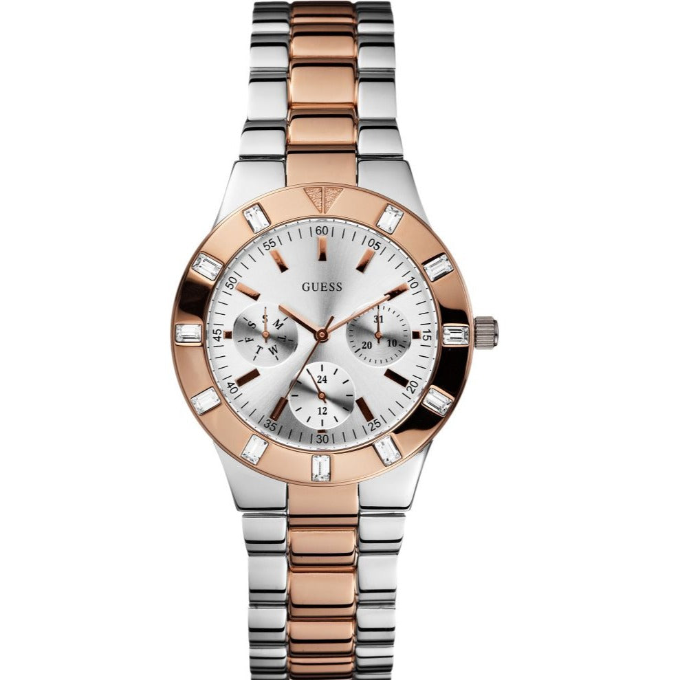  Shop Authentic Guess Glisten Chronograph Analog Silver Dial Two Tone Steel Strap Watch For Women - W14551L1 - Luxxuri