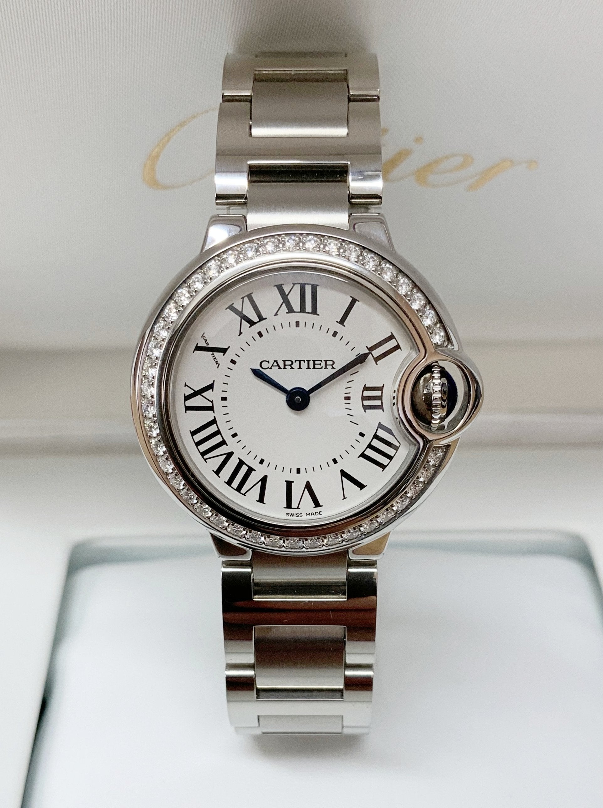 Shop Authentic Cartier Ballon Bleu De Cartier Diamonds White Dial Silver Steel Strap Watch for Women - W4BB0015 - Luxxuri