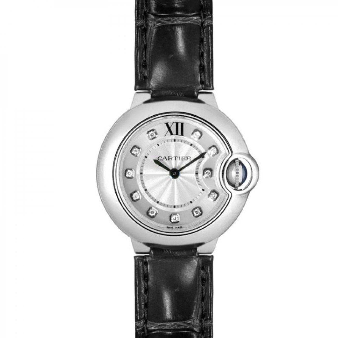  Shop Authentic Cartier Ballon Bleu de Cartier Diamonds Silver Dial Black Leather Strap Watch for Women - W4BB0008 - Luxxuri