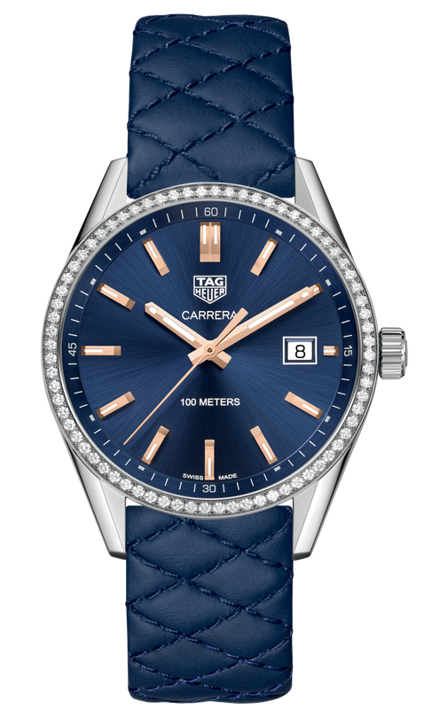  Shop Authentic Tag Heuer Carrera Quartz Diamonds Blue Dial Blue Leather Strap Watch for Women - WAR1114.FC6391 - Luxxuri