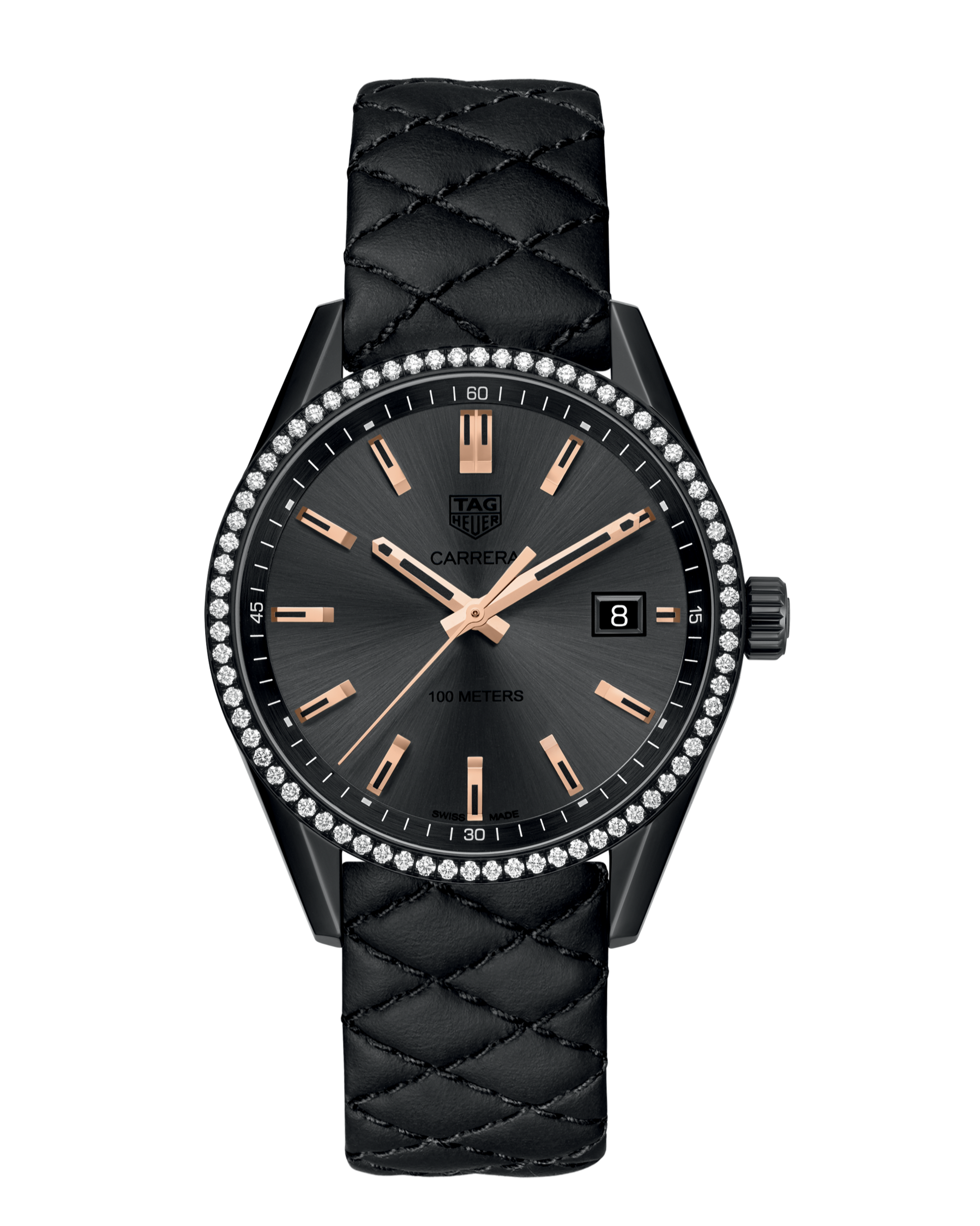  Shop Authentic Tag Heuer Carrera Diamonds Anthracite Black Dial Black Leather Strap Watch for Women - WAR1115.FC6392 - Luxxuri