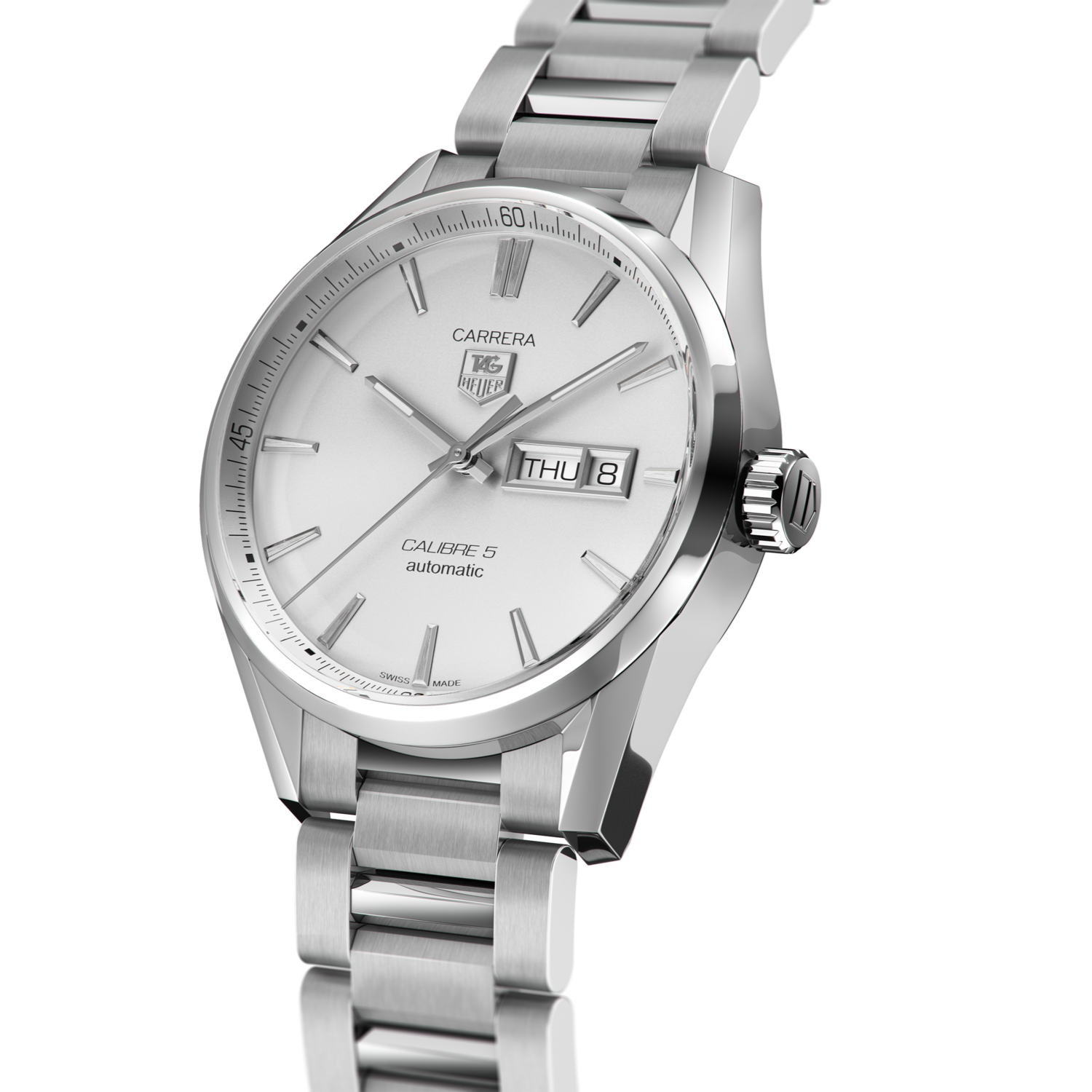 Tag Heuer Carrera Calibre 5 Automatic White Dial Silver Steel Strap Watch for Men - WAR201B.BA0723