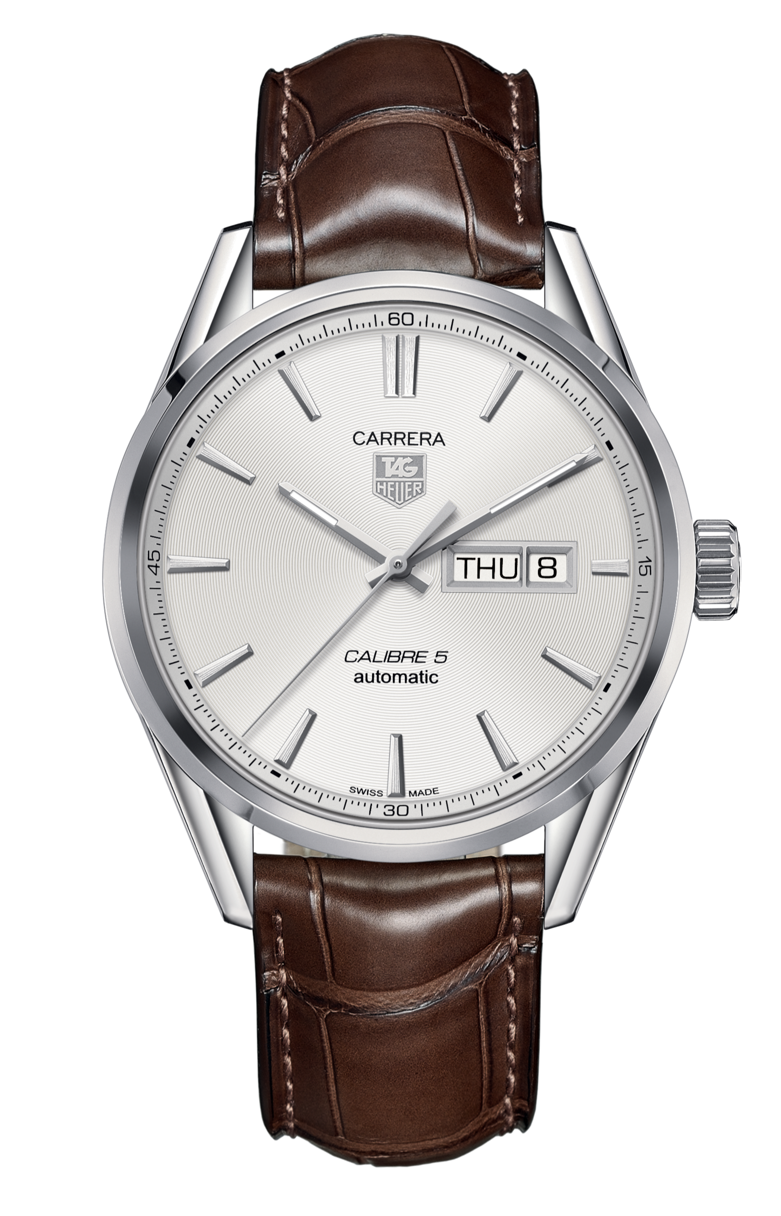 Tag Heuer Carrera Calibre 5 Automatic White Dial Brown Leather Strap Watch for Men - WAR201B.FC6291
