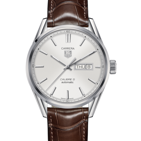 Tag Heuer Carrera Calibre 5 Automatic White Dial Brown Leather Strap Watch for Men - WAR201B.FC6291