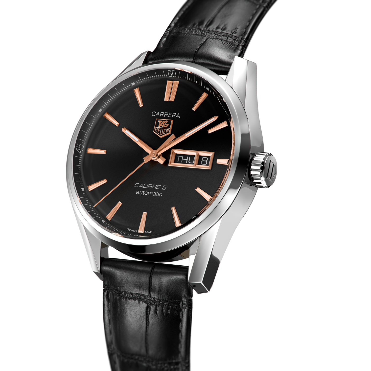 Tag Heuer Carrera Calibre 5 Automatic Black Dial Black Leather Strap Watch for Men - WAR201C.FC6266