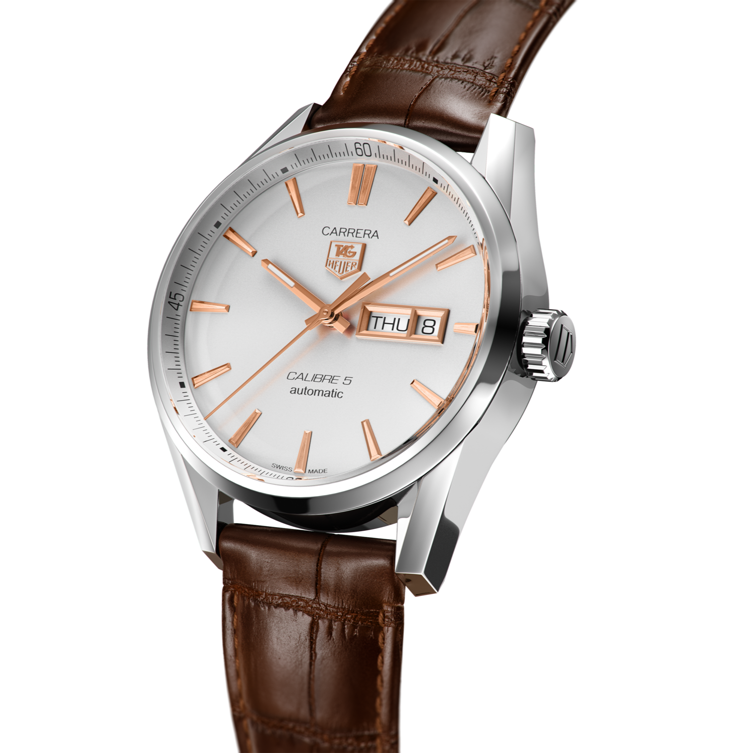 Tag Heuer Carrera Calibre 5 Automatic White Dial Brown Leather Strap Watch for Men - WAR201D.FC6291