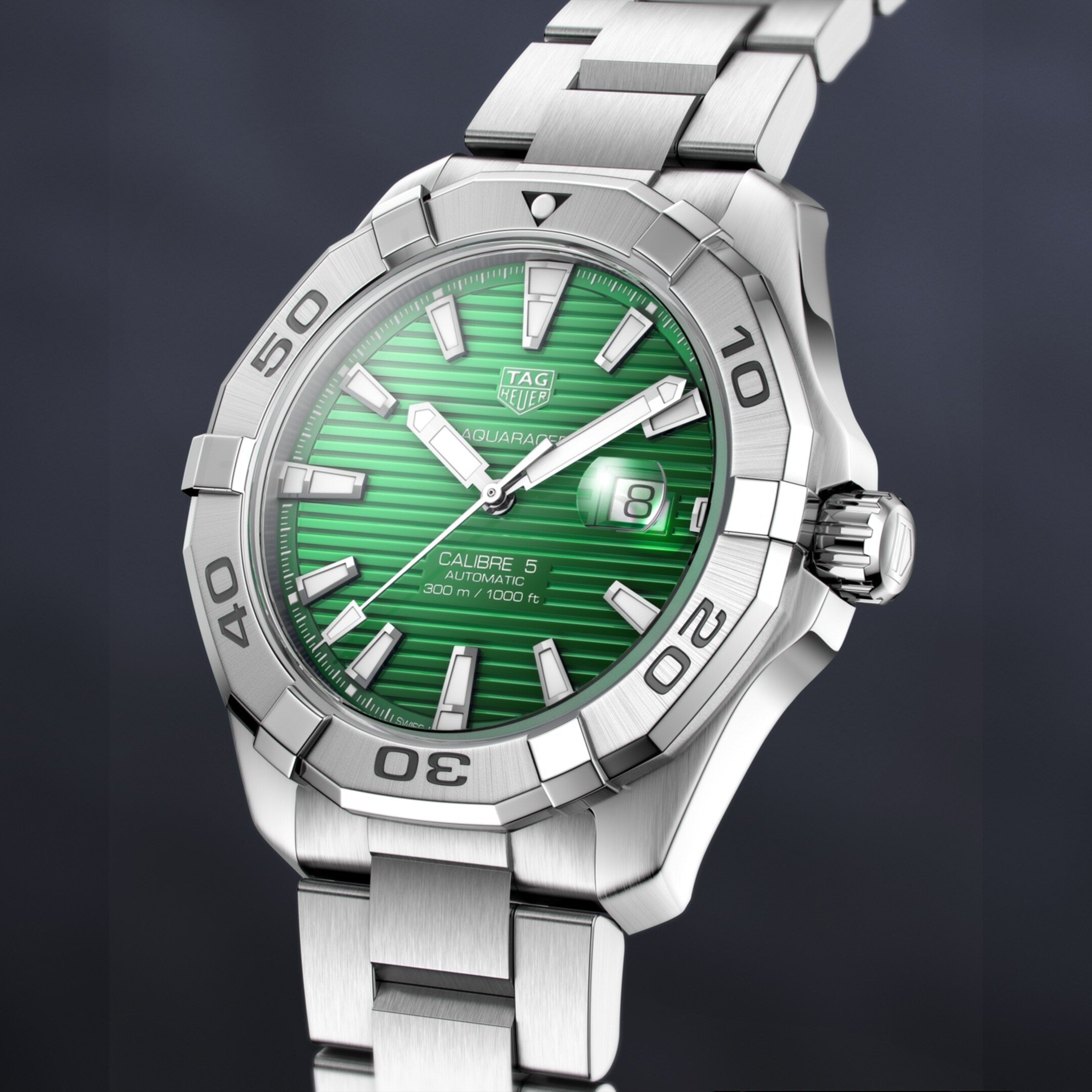 Tag Heuer Aquaracer Calibre 5 Automatic Green Dial Silver Steel Strap Watch for Men - WAY2015.BA0927