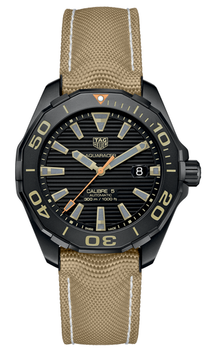  Shop Authentic Tag Heuer Aquaracer 300 Calibre 5 Automatic Black Dial Brown Fabric Strap Watch for Men - WAY208C.FC6383 - Luxxuri