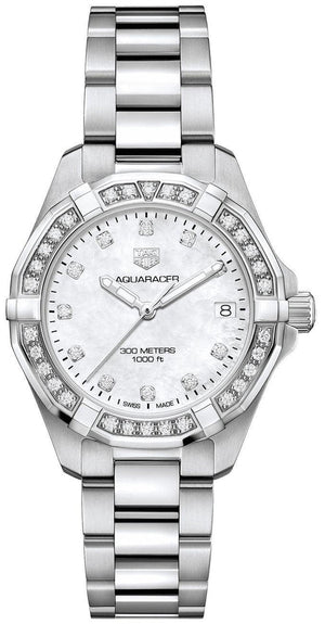  Shop Authentic Tag Heuer Aquaracer Diamonds White Mother of Pearl Dial Silver Steel Strap Watch for Women - WBD1315.BA0740 - Luxxuri