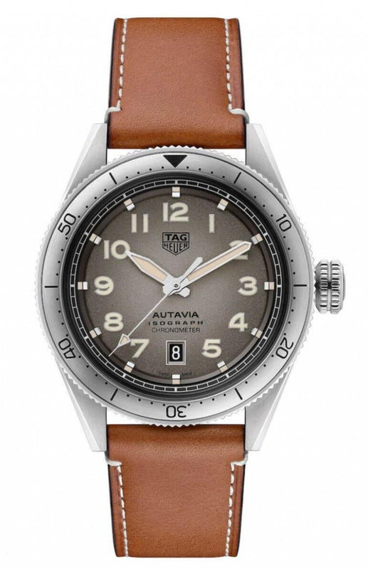  Shop Authentic Tag Heuer Autavia Isograph Grey Dial Calfskin Brown Leather Strap Watch for Men - WBE5111.FC8267 - Luxxuri