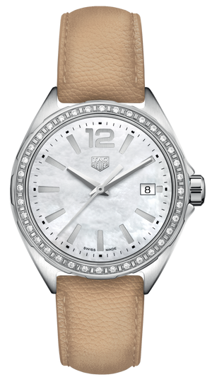  Shop Authentic Tag Heuer Formula 1 Quartz Diamonds Mother of Pearl Dial Beige Leather Strap Watch for Women - WBJ131A.FC8254 - Luxxuri