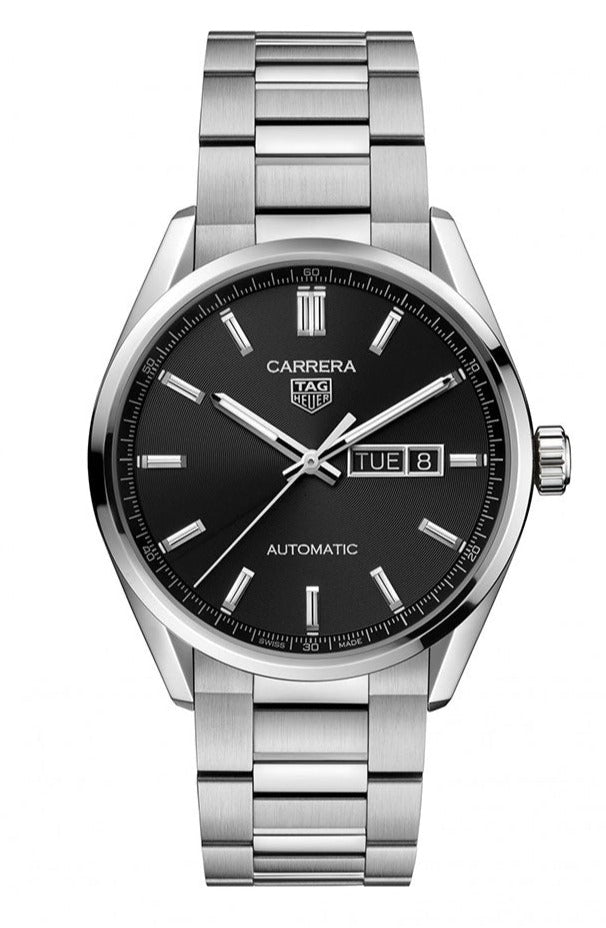 Tag Heuer Carrera Calibre 5 Automatic Black Dial Silver Steel Strap Watch for Men - WAR201A.BA0723