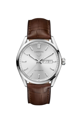 Tag Heuer Carrera Day Date Silver Dial Brown Leather Strap Watch for Men - WBN2011.FC6484