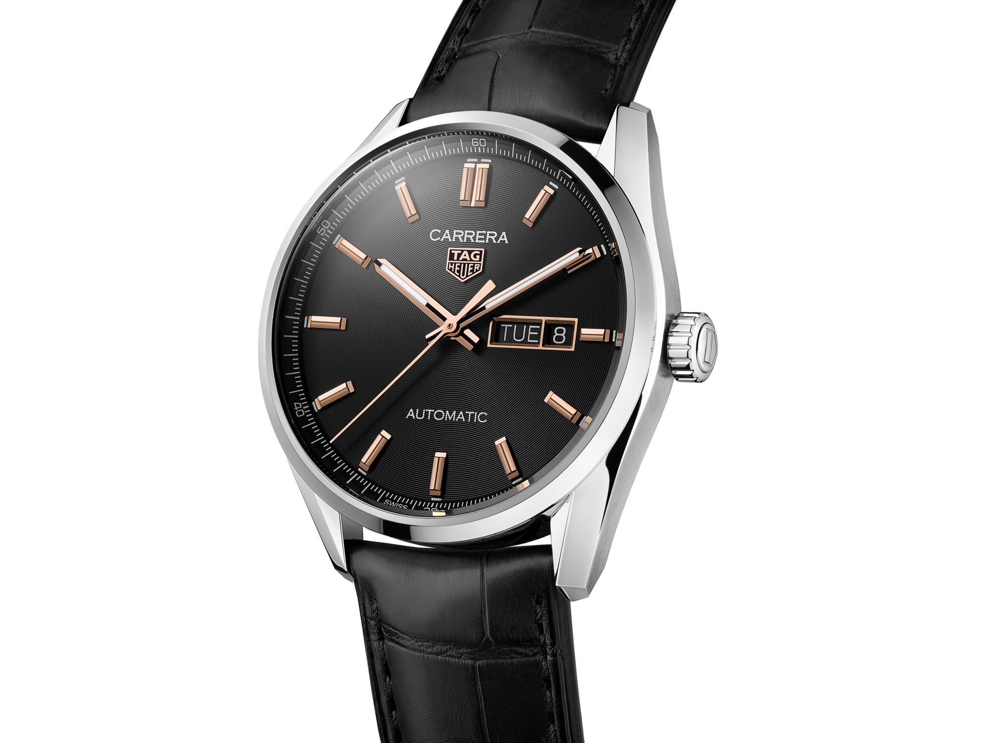 Tag Heuer Carrera Day Date Black Dial Black Leather Strap Watch for Men - WBN2013.FC6503