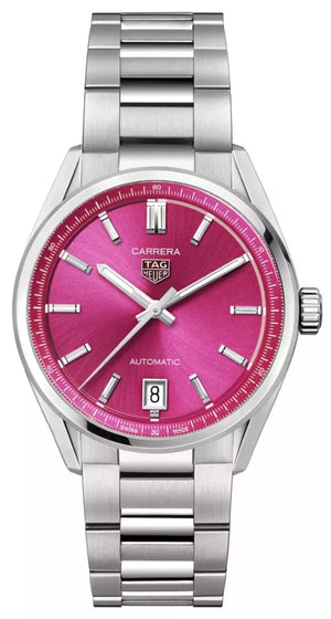  Shop Authentic Tag Heuer Carrera Date Automatic 18K Pink Dial Silver Steel Strap Watch for Women - WBN2313.BA0001 - Luxxuri