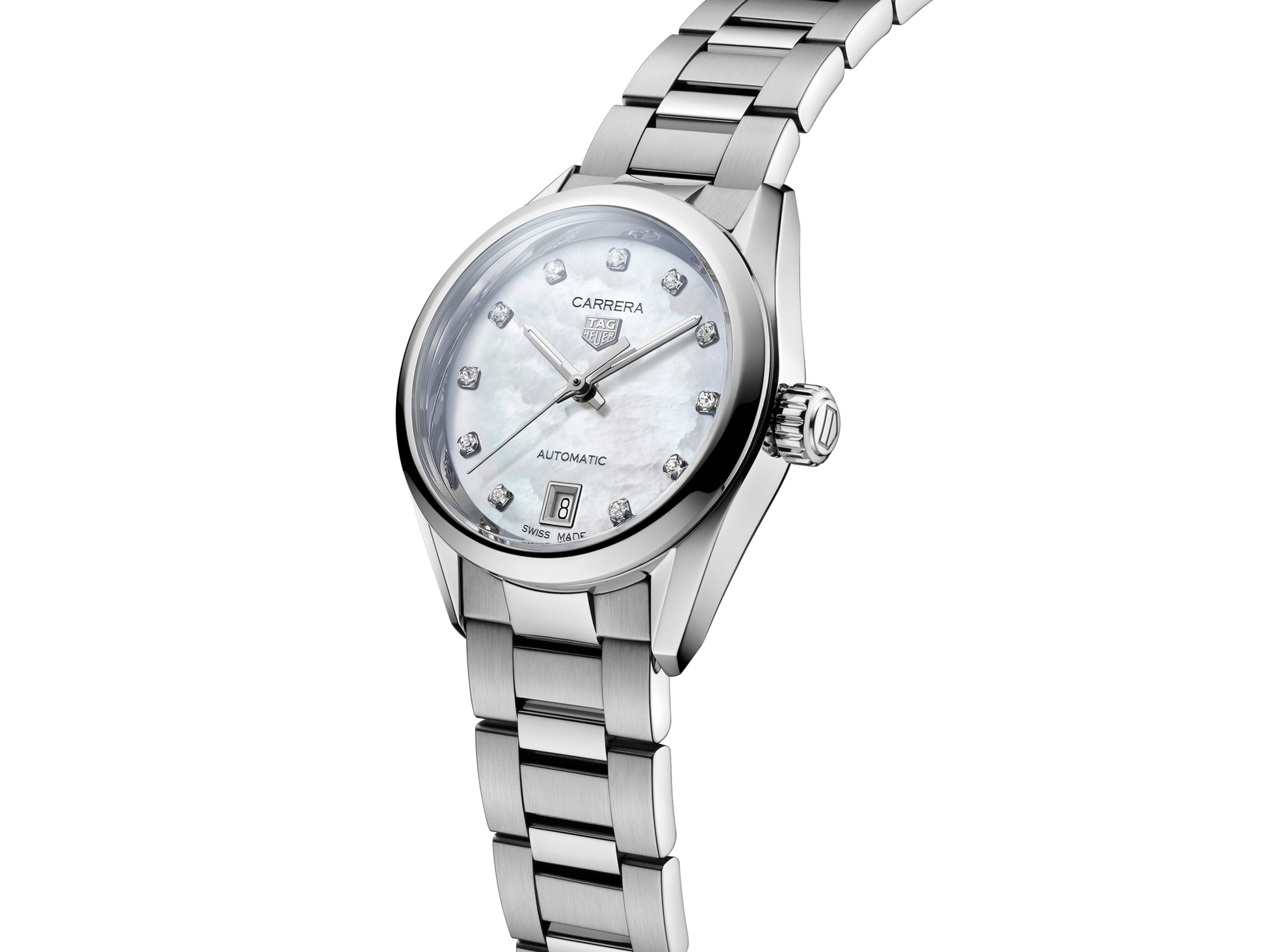  Shop Authentic Tag Heuer Carrera Diamonds Mother of Pearl Dial Silver Steel Strap Watch for Women - WBN2412.BA0621 - Luxxuri