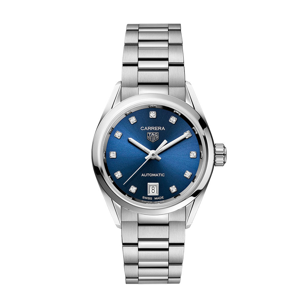  Shop Authentic Tag Heuer Carrera Diamonds Blue Dial Silver Steel Strap Watch for Women - WBN2413.BA0621 - Luxxuri