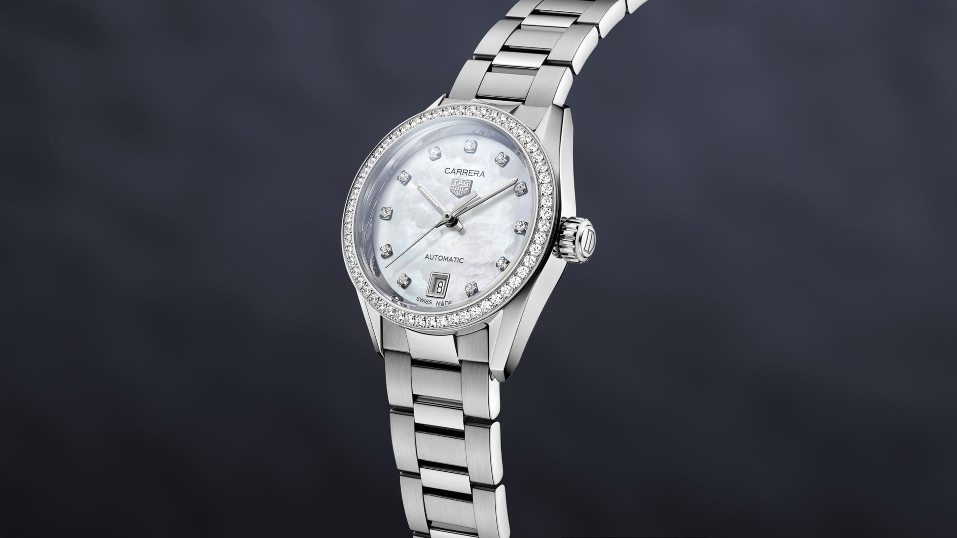  Shop Authentic Tag Heuer Carrera Date Diamonds Mother of Pearl Dial Silver Steel Strap Watch for Women - WBN2414.BA0621 - Luxxuri