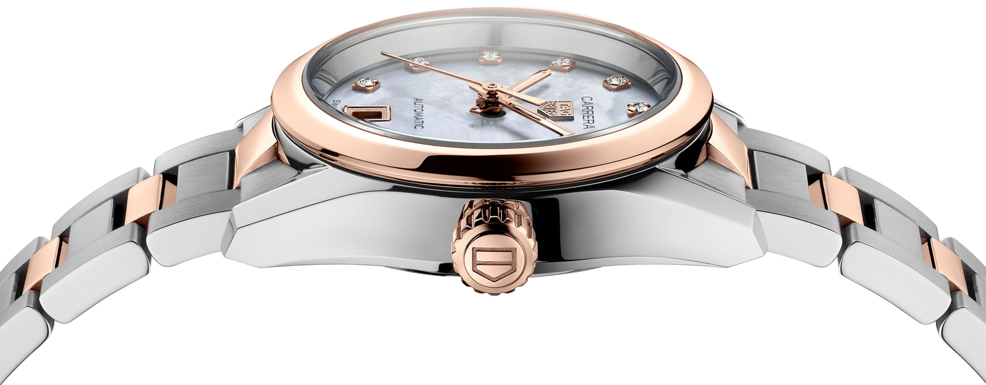  Shop Authentic Tag Heuer Carrera Date Automatic Mother of Pearl Dial Two Tone Steel Strap Watch for Women - WBN2450.BD0569 - Luxxuri