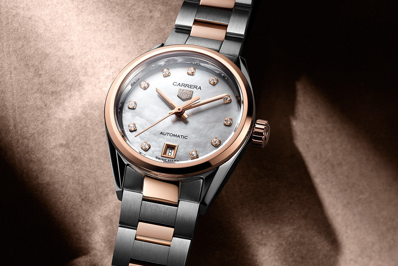 Shop Authentic Tag Heuer Carrera Date Automatic Mother of Pearl Dial Two Tone Steel Strap Watch for Women - WBN2450.BD0569 - Luxxuri
