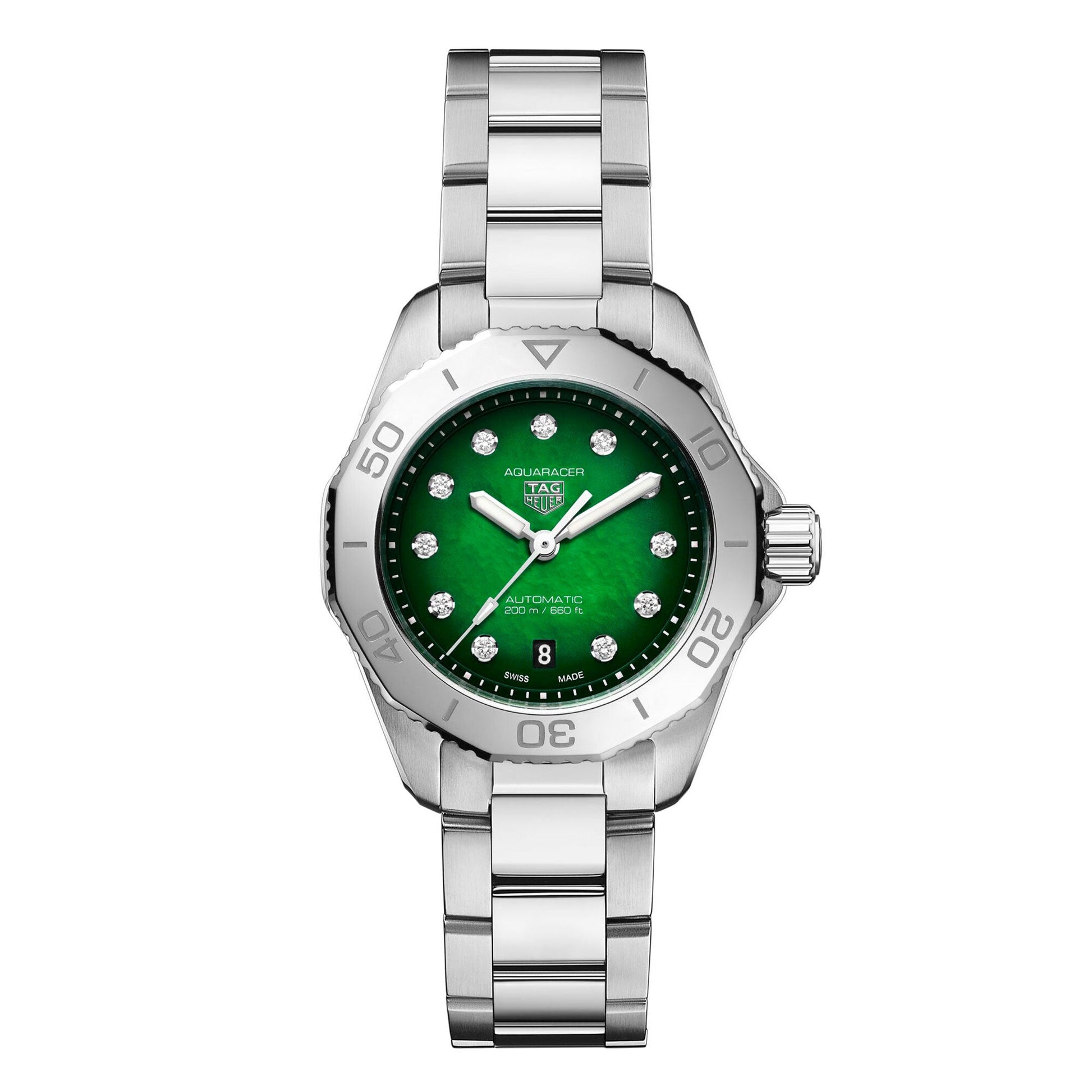  Shop Authentic Tag Heuer Aquaracer Professional 200 Automatic Diamond Green Dial Silver Steel Strap Watch for Women - WBP2415.BA0622 - Luxxuri