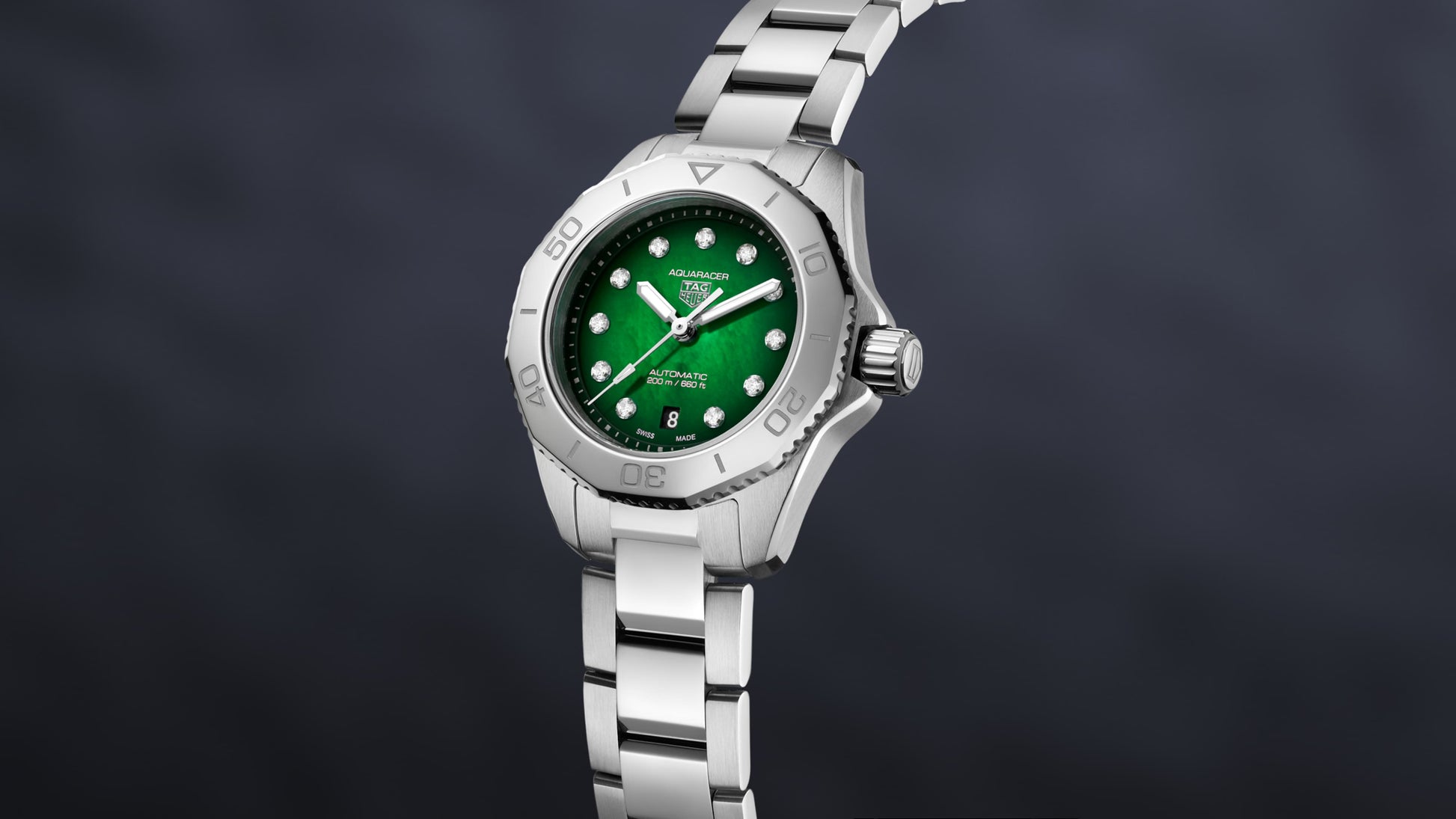  Shop Authentic Tag Heuer Aquaracer Professional 200 Automatic Diamond Green Dial Silver Steel Strap Watch for Women - WBP2415.BA0622 - Luxxuri