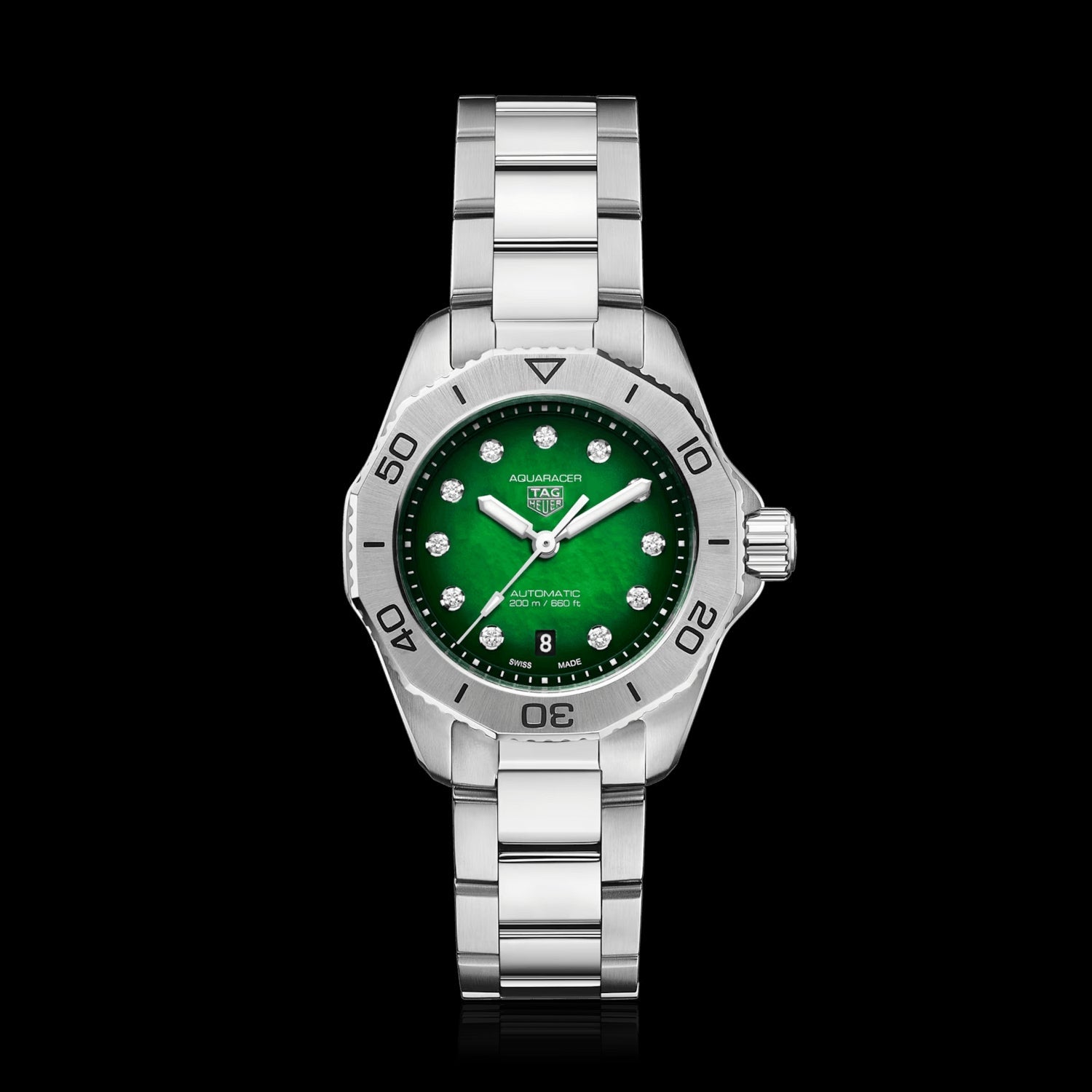  Shop Authentic Tag Heuer Aquaracer Professional 200 Automatic Diamond Green Dial Silver Steel Strap Watch for Women - WBP2415.BA0622 - Luxxuri