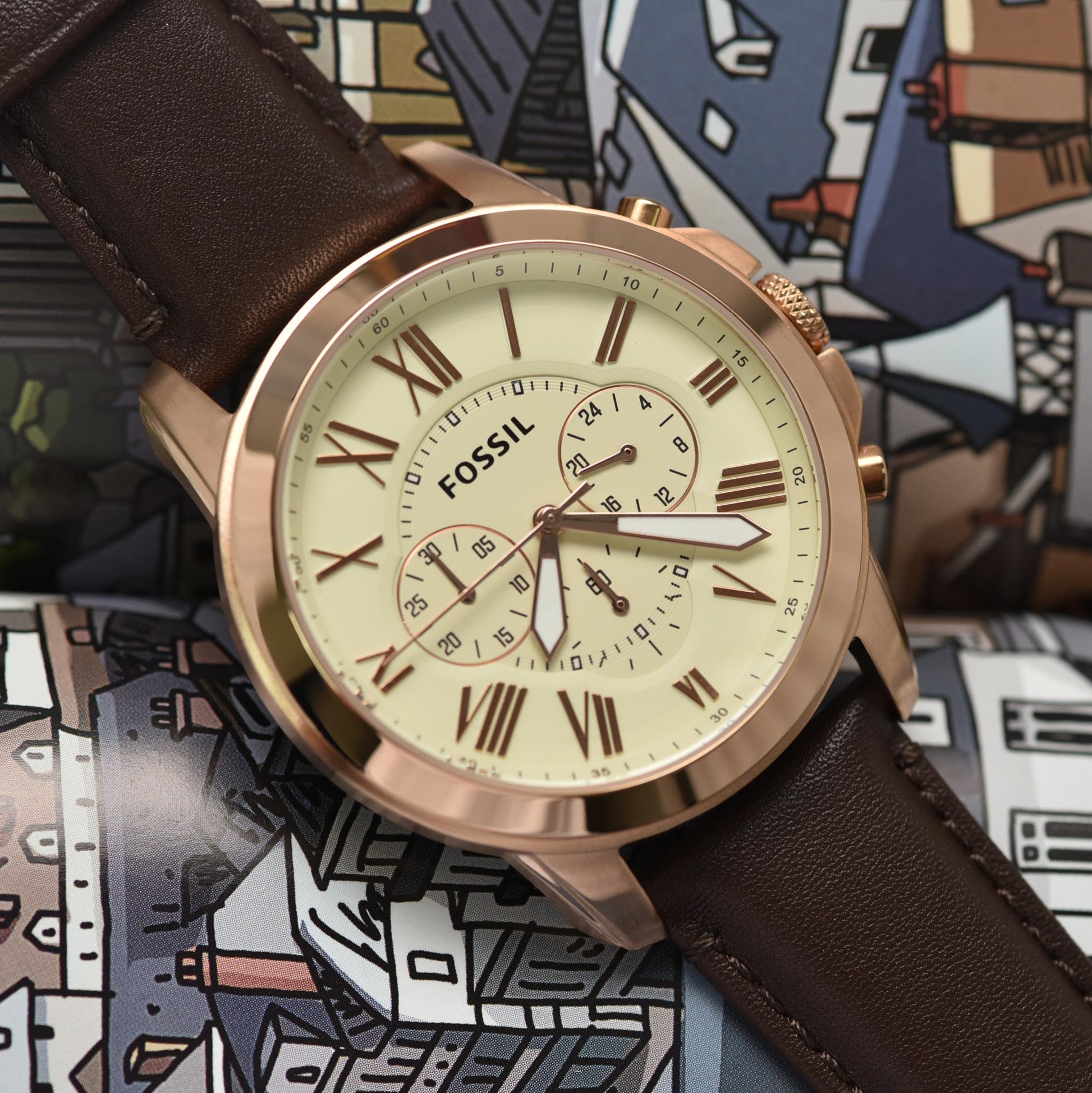 Fossil Grant Chronograph White Dial Brown Leather Strap Watch for Men - FS4991