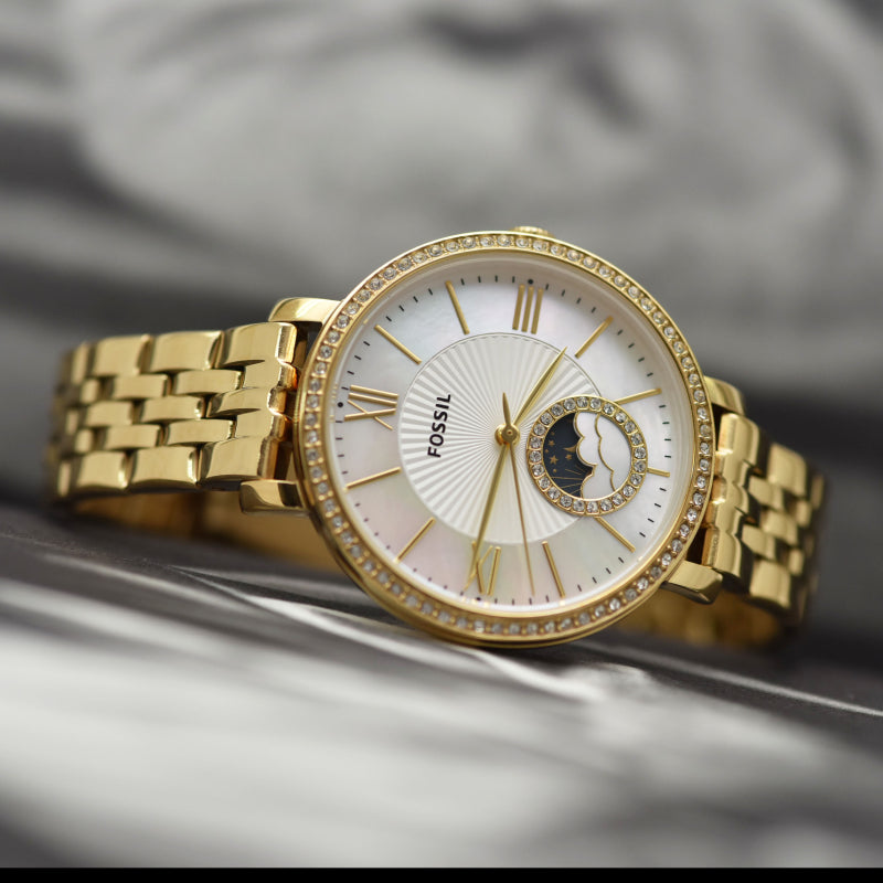 Fossil Jacqueline Moonphase Mother of Pearl Dial Gold Steel Strap Watch for Women - ES5167