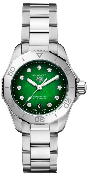  Shop Authentic Tag Heuer Aquaracer Professional 200 Automatic Diamond Green Dial Silver Steel Strap Watch for Women - WBP2415.BA0622 - Luxxuri