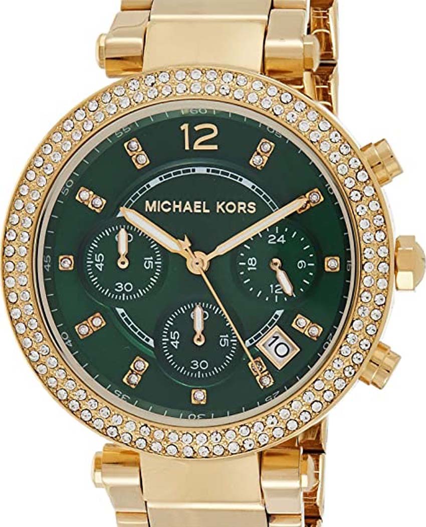 Michael Kors Parker Chronograph Green Dial Gold Steel Strap Watch for Women - MK6263