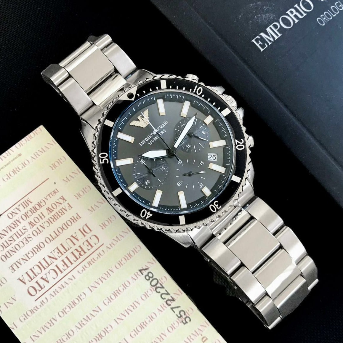  Shop Authentic Emporio Armani Diver Chronograph Quartz Black Dial Silver Steel Strap Watch For Men - AR11360 - Luxxuri