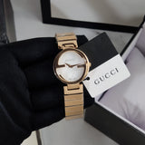  Shop Authentic Gucci G Interlocking Mother of Pearl Dial Rose Gold Steel Strap Watch For Women - YA133515 - Luxxuri