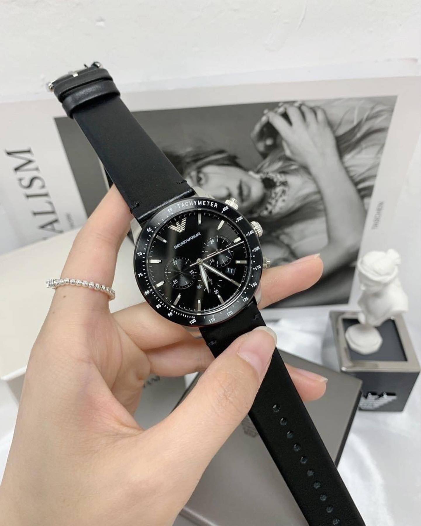 Shop Authentic Emporio Armani Mario Chronograph Black Dial Black Leather Strap Watch For Men - AR11243 - Luxxuri