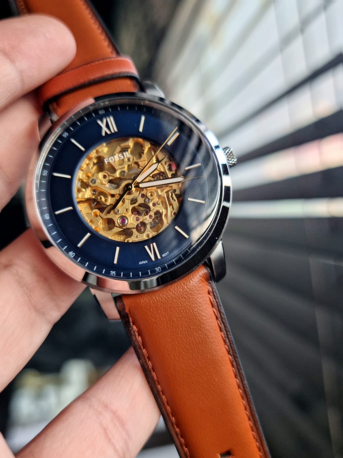  Shop Authentic Fossil Neutra Automatic Luggage Skeleton Blue Dial Brown Leather Strap Watch for Men - ME3160 - Luxxuri