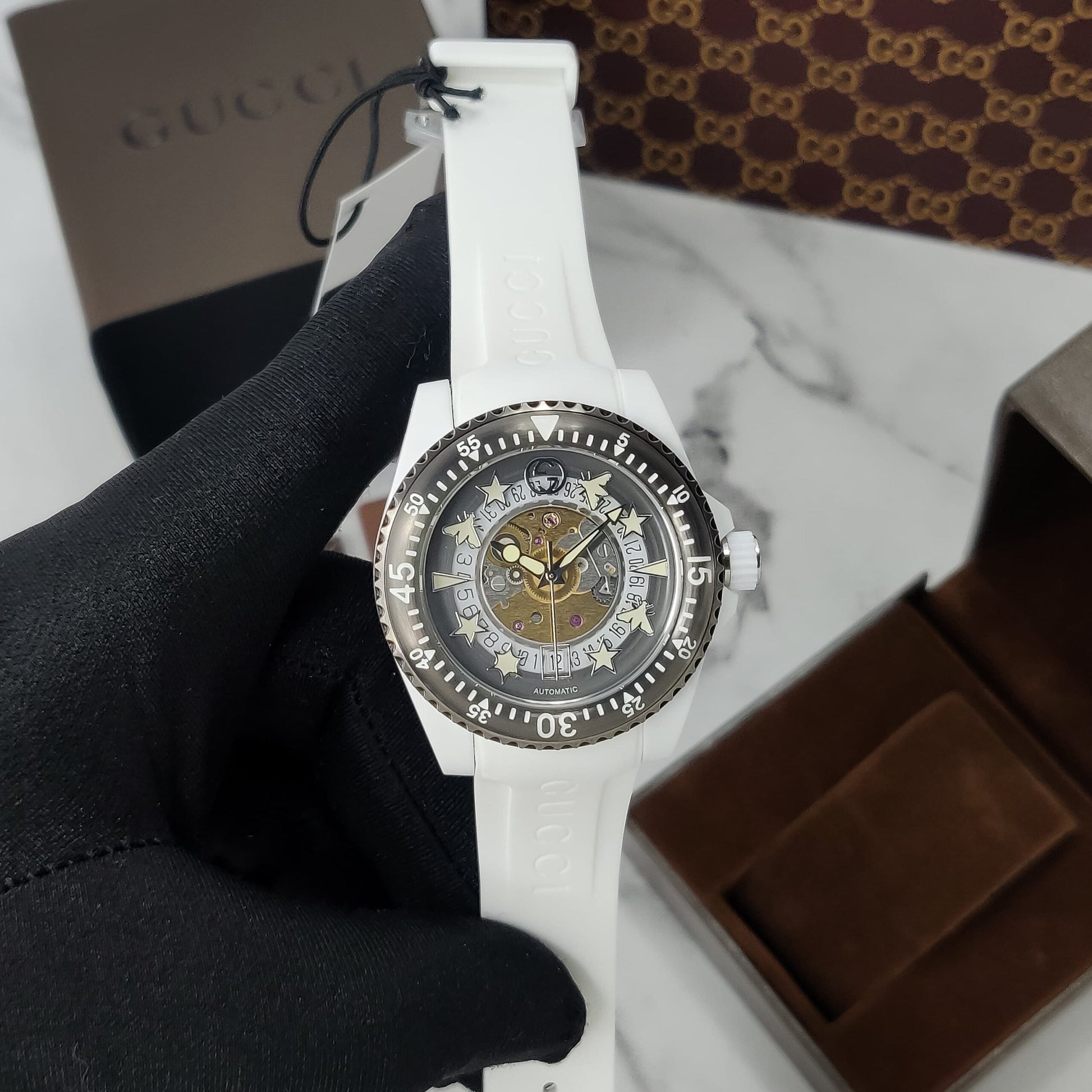  Shop Authentic Gucci Dive Automatic Transparent Dial White Rubber Strap Watch For Men - YA136343 - Luxxuri
