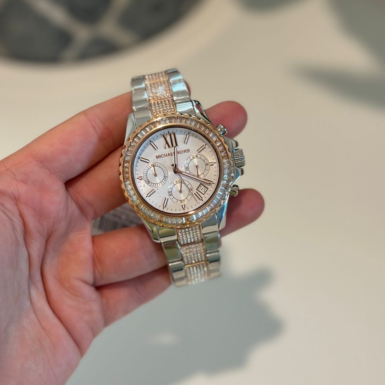  Shop Authentic Michael Kors Everest Chronograph Silver Dial Two Tone Steel Strap Watch For Women - MK6975 - Luxxuri