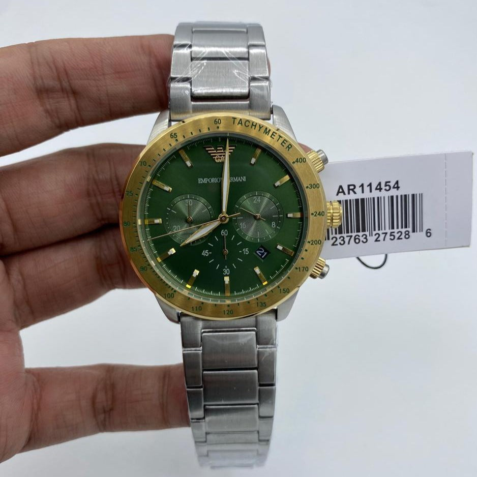  Shop Authentic Emporio Armani Mario Chronograph Green Dial Silver Steel Strap Watch For Men - AR11454 - Luxxuri
