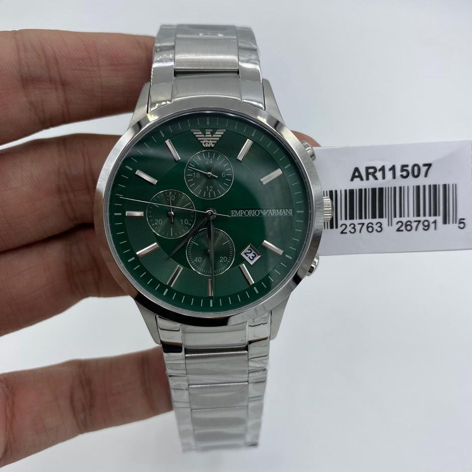  Shop Authentic Emporio Armani Renato Chronograph Green Dial Silver Steel Strap Watch For Men - AR11507 - Luxxuri