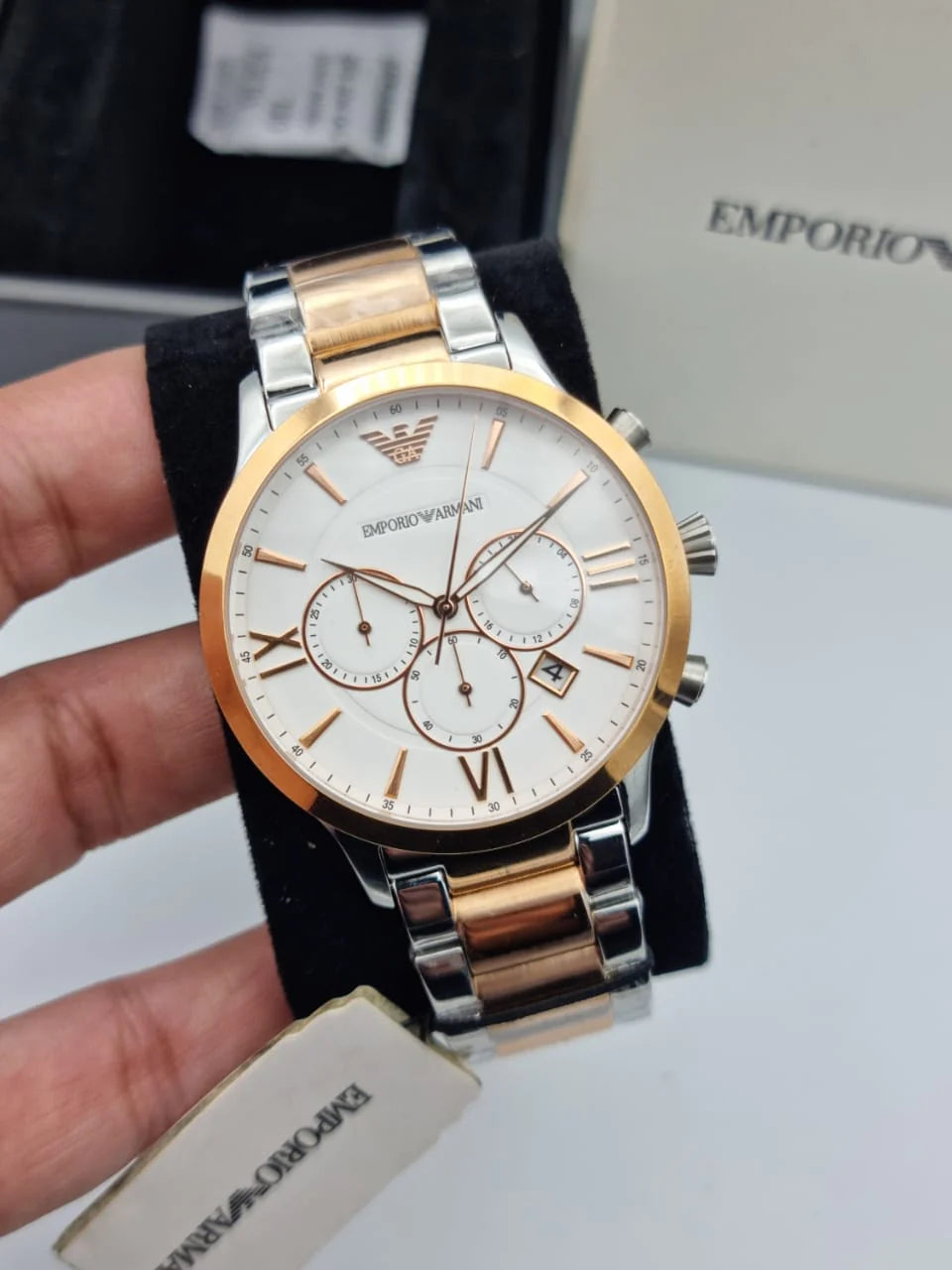  Shop Authentic Emporio Armani Giovanni Chronograph Quartz White Dial Two Tone Steel Strap Watch For Men - AR11209 - Luxxuri