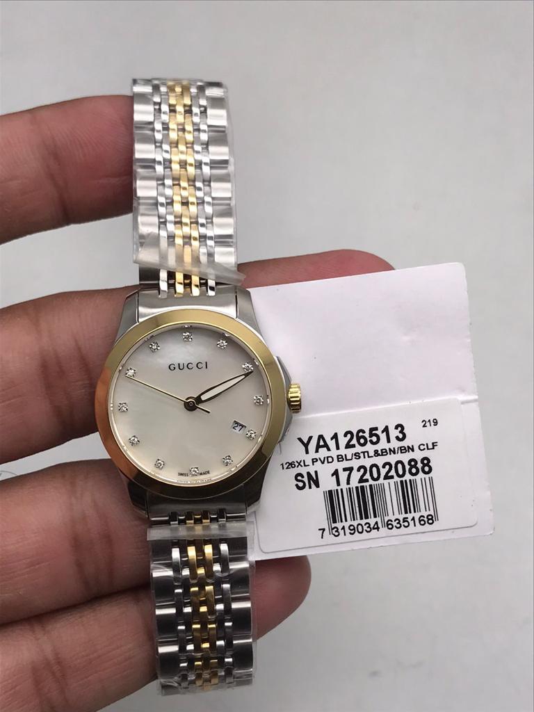  Shop Authentic Gucci G Timeless Diamonds Mother of Pearl Dial Two Tone Mesh Bracelet Watch for Women - YA126513 - Luxxuri