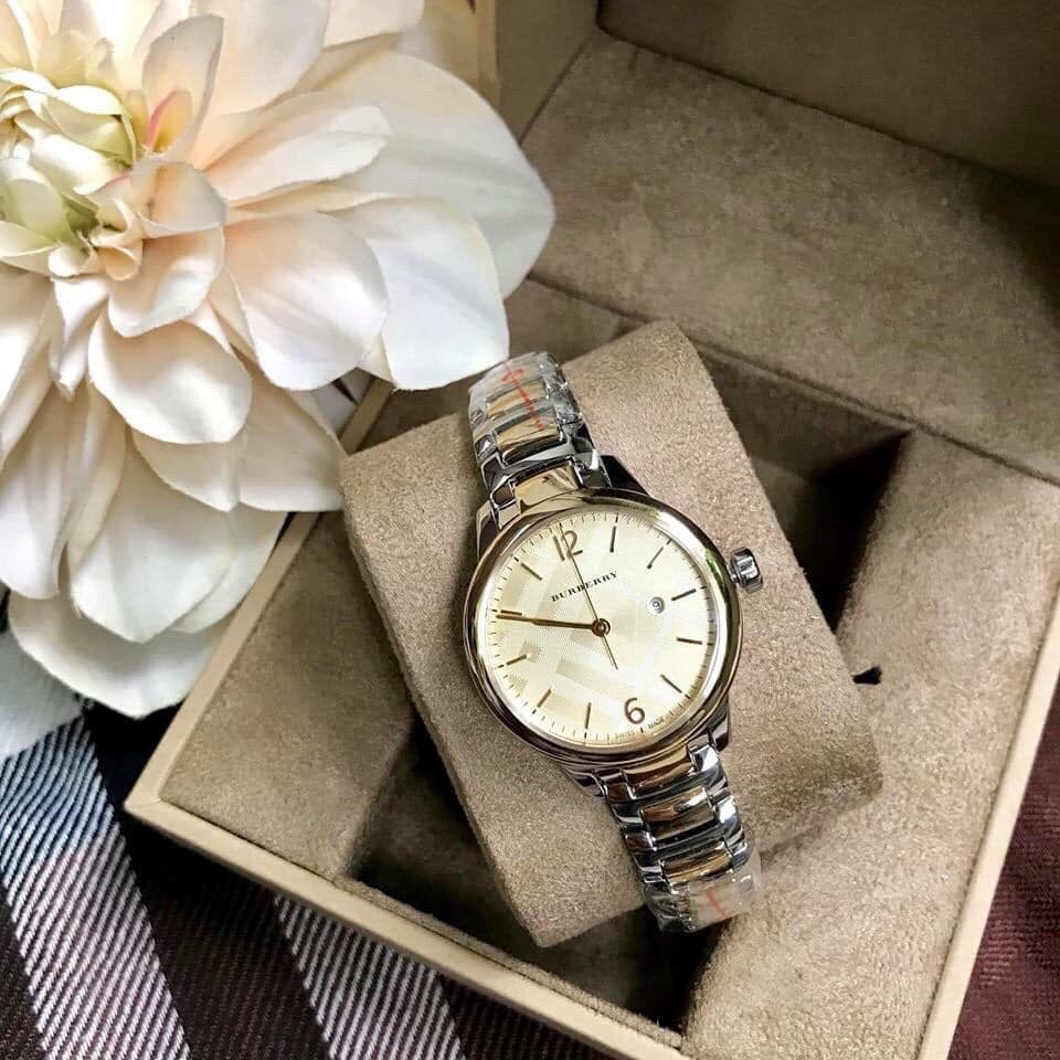  Shop Authentic Burberry The Classic Champagne Dial Gold Steel Strap Watch for Women - BU10109 - Luxxuri