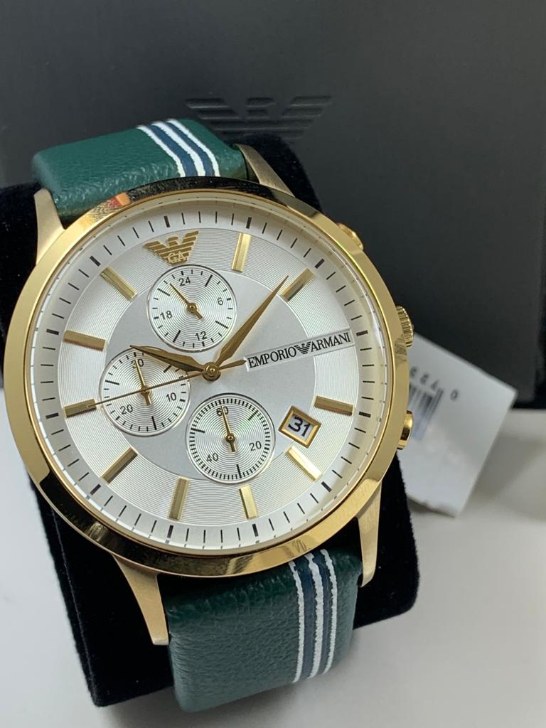  Shop Authentic Emporio Armani Renato Chronograph Silver Dial Green Leather Strap Watch For Men - AR11233 - Luxxuri